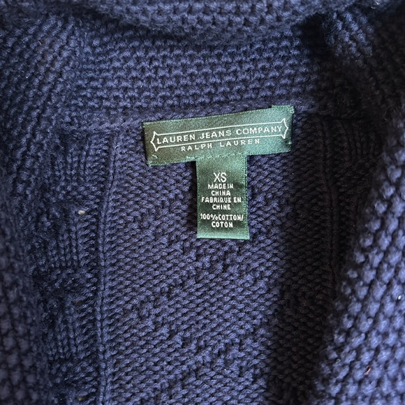 LAUREN CABLE-KNIT SWEATER navy blue size X Small shawl collar 100% cotton - Picture 4 of 9